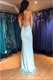 Mermaid Spaghetti Straps Sweep Train Light Blue Prom Dress with Split HZ0527